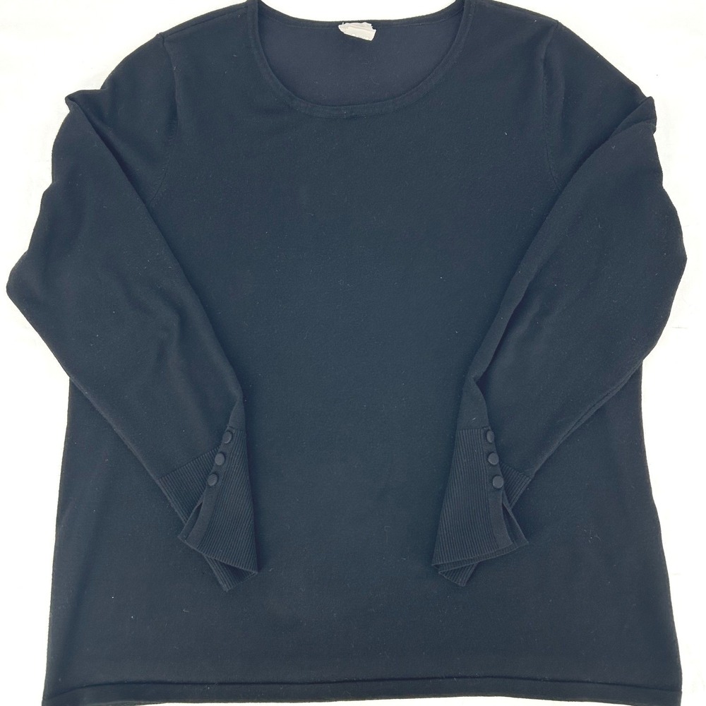 Womens Classic Knit Pullover Black Button Cuff Detail Minimalist Chicos Size 2 L